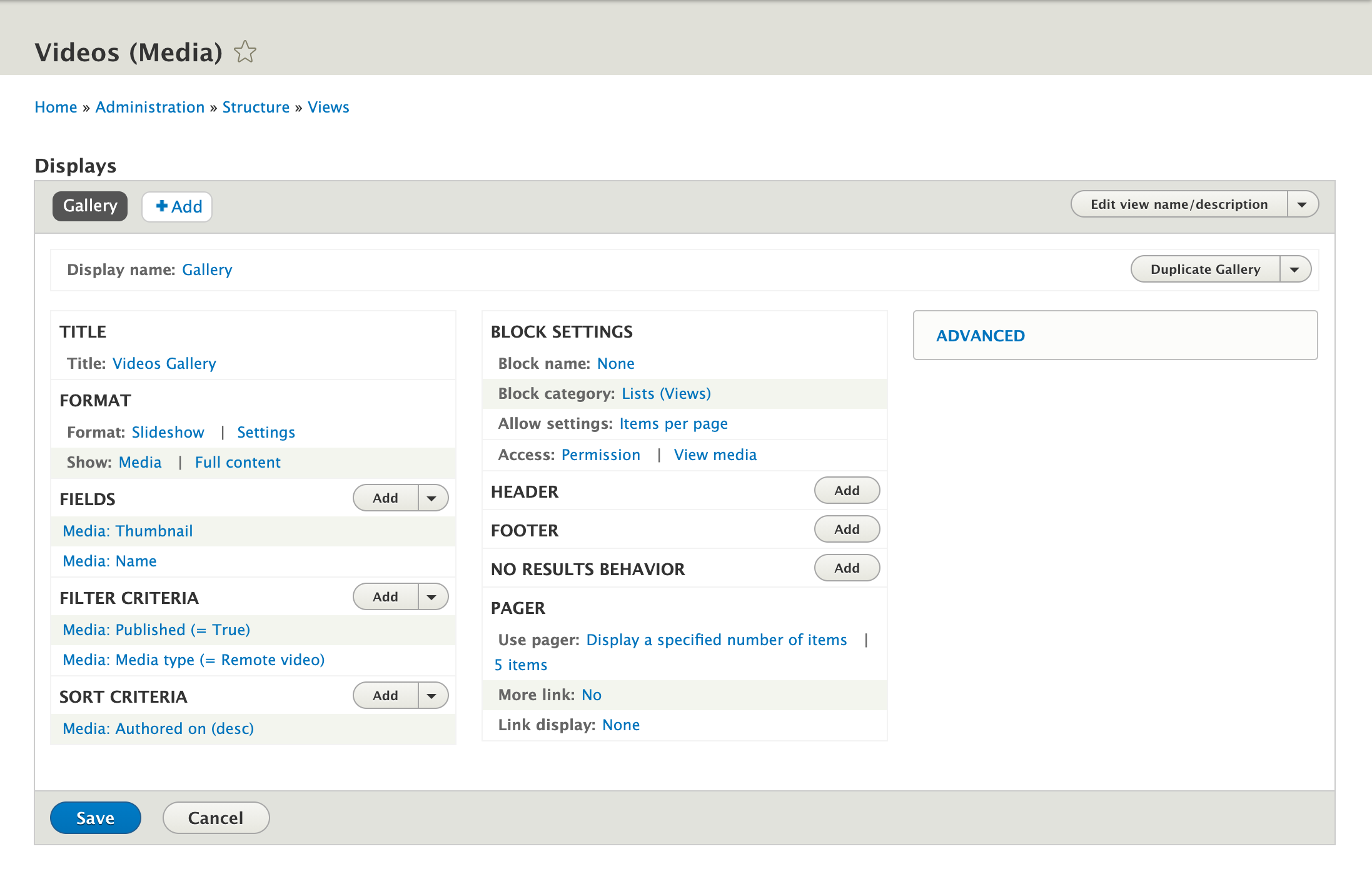 Videos view Gallery block details
